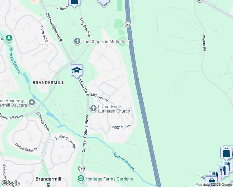 map of restaurants, bars, coffee shops, grocery stores, and more near 12807 Mill Shed Drive in Midlothian