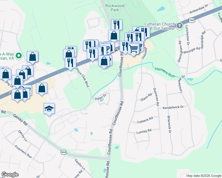 map of restaurants, bars, coffee shops, grocery stores, and more near 10221 Brian Ray Court in Midlothian