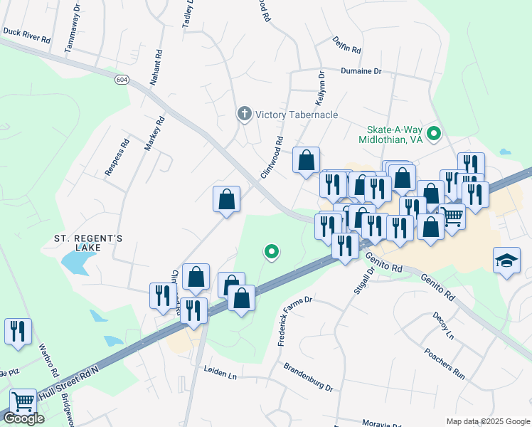 map of restaurants, bars, coffee shops, grocery stores, and more near 11511 Genito Road in Midlothian