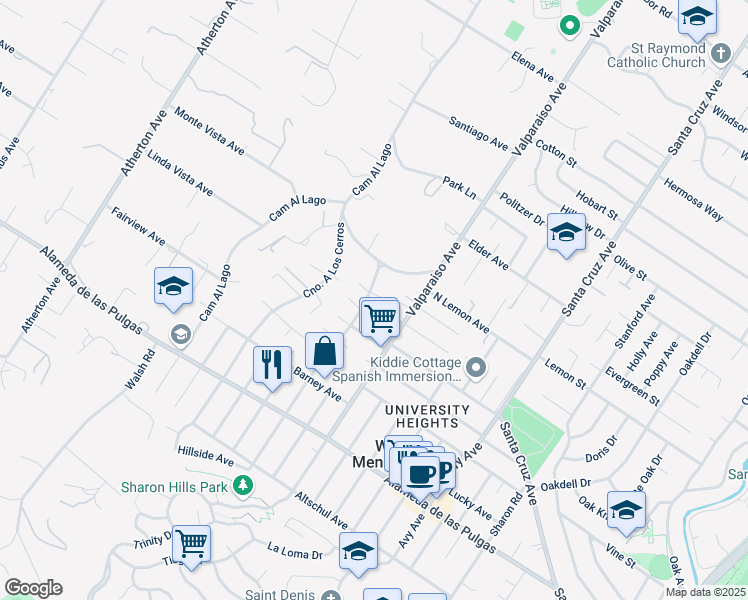map of restaurants, bars, coffee shops, grocery stores, and more near 1841 Camino De Los Robles in Menlo Park
