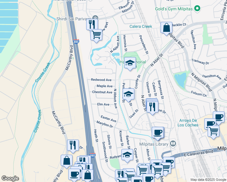 map of restaurants, bars, coffee shops, grocery stores, and more near 589 North Abbott Avenue in Milpitas