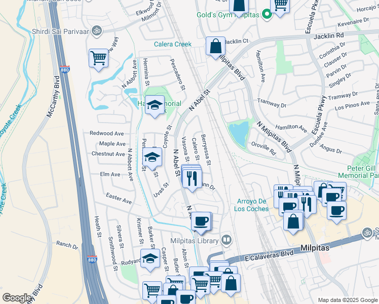 map of restaurants, bars, coffee shops, grocery stores, and more near 772 Vasona Street in Milpitas