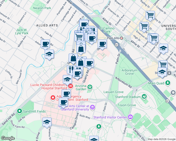 map of restaurants, bars, coffee shops, grocery stores, and more near Quarry Road in Santa Clara County