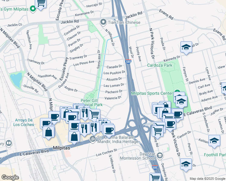 map of restaurants, bars, coffee shops, grocery stores, and more near 806 Pacheco Drive in Milpitas