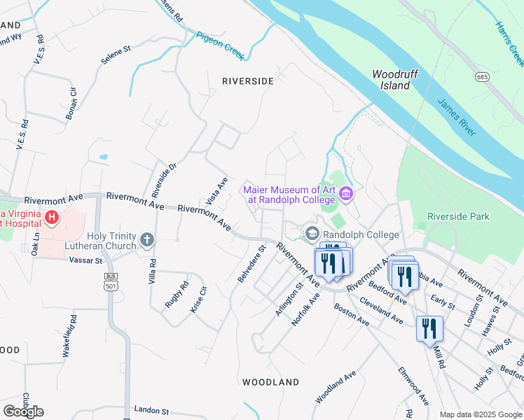 map of restaurants, bars, coffee shops, grocery stores, and more near 145 North Princeton Circle in Lynchburg