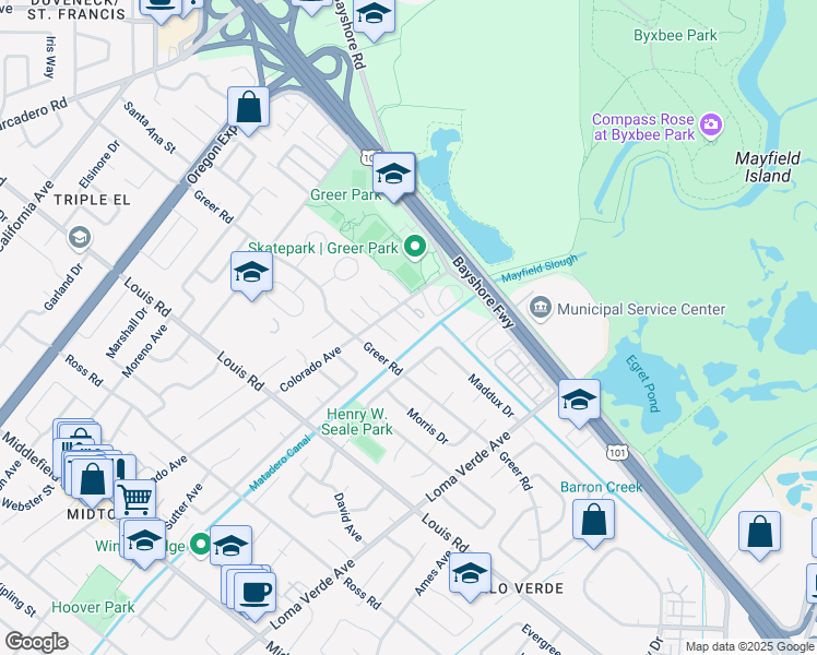 map of restaurants, bars, coffee shops, grocery stores, and more near 1036 Colorado Avenue in Palo Alto