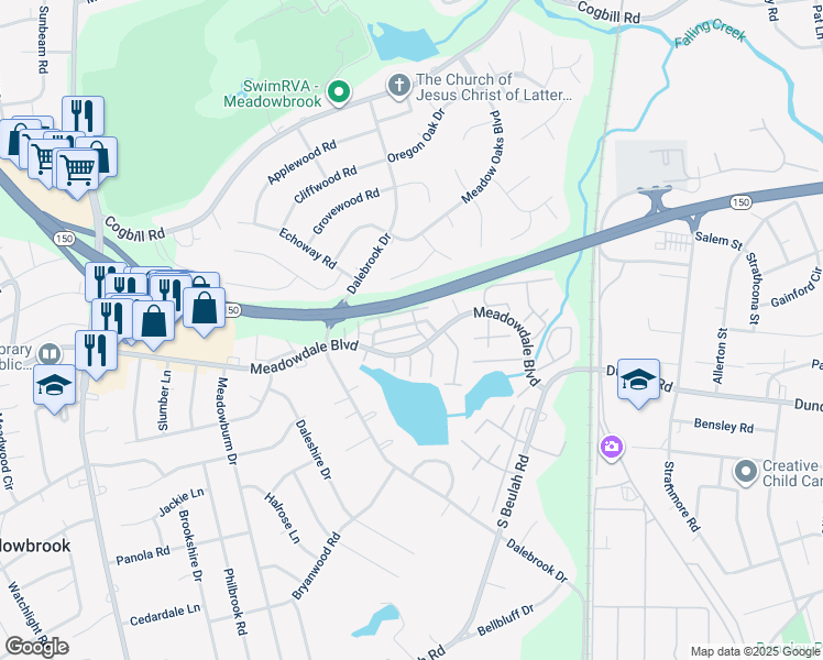map of restaurants, bars, coffee shops, grocery stores, and more near 3605 Luckylee Crescent in Richmond