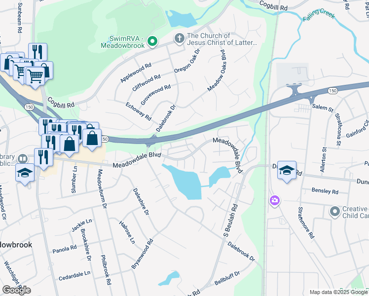 map of restaurants, bars, coffee shops, grocery stores, and more near 3605 Luckylee Crescent in Richmond