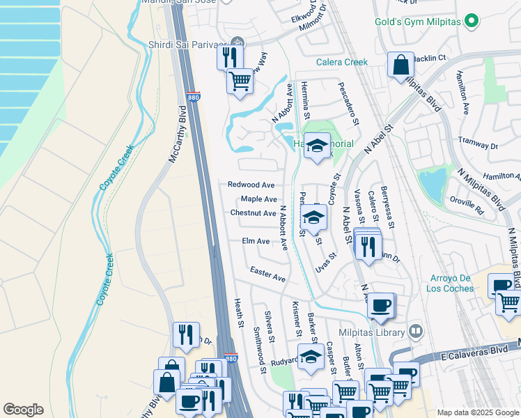 map of restaurants, bars, coffee shops, grocery stores, and more near 479 Chestnut Avenue in Milpitas