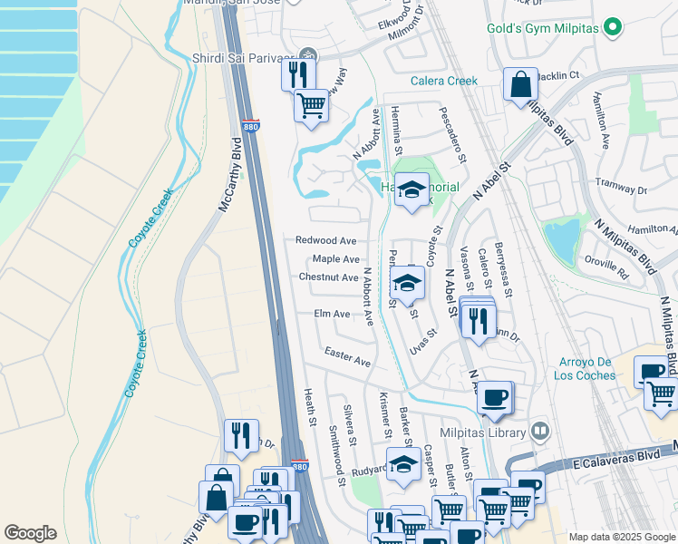 map of restaurants, bars, coffee shops, grocery stores, and more near 479 Chestnut Avenue in Milpitas