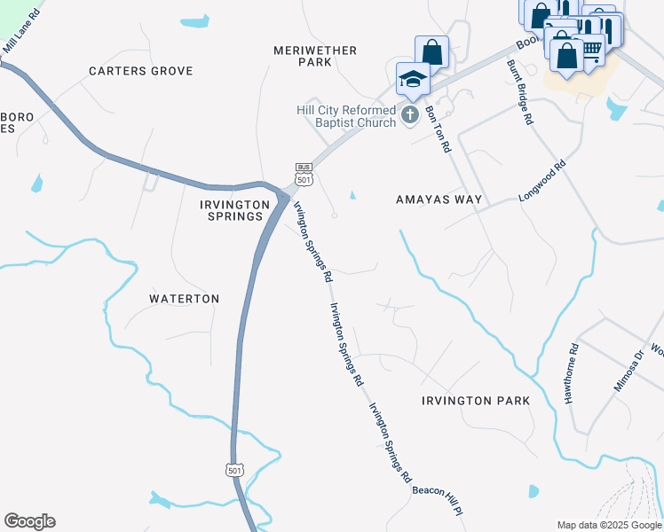 map of restaurants, bars, coffee shops, grocery stores, and more near 135 Irvington Springs Road in Lynchburg