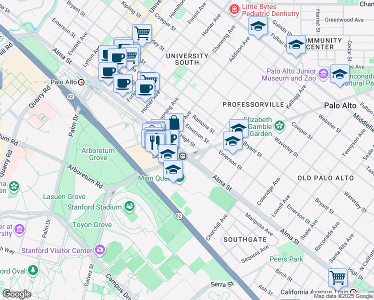 map of restaurants, bars, coffee shops, grocery stores, and more near 1101 Alma Street in Palo Alto