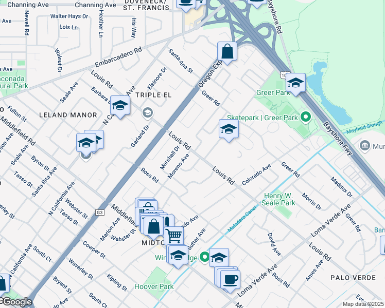 map of restaurants, bars, coffee shops, grocery stores, and more near 893 Fielding Drive in Palo Alto