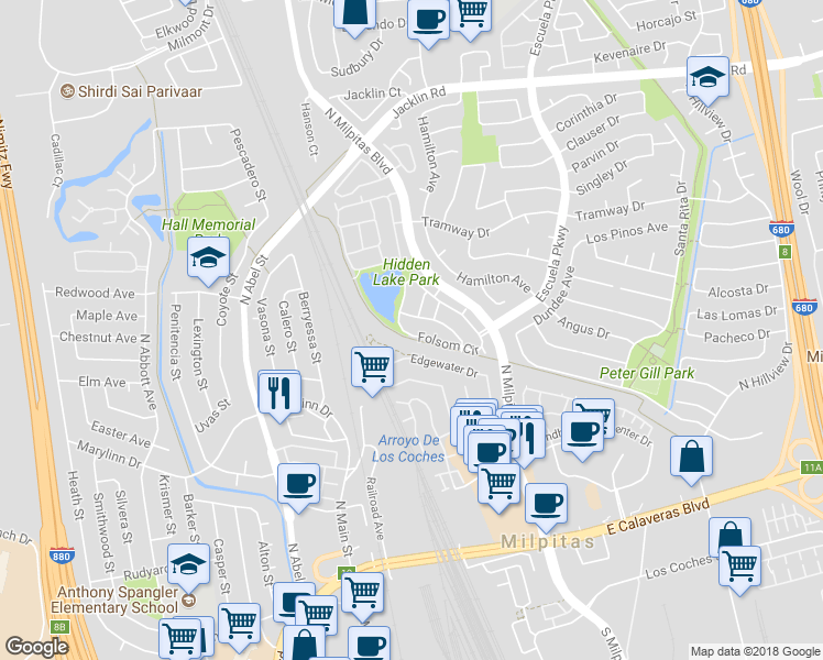 map of restaurants, bars, coffee shops, grocery stores, and more near 747 Folsom Circle in Milpitas