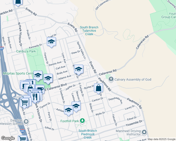 map of restaurants, bars, coffee shops, grocery stores, and more near 25 Terfidia Lane in Milpitas
