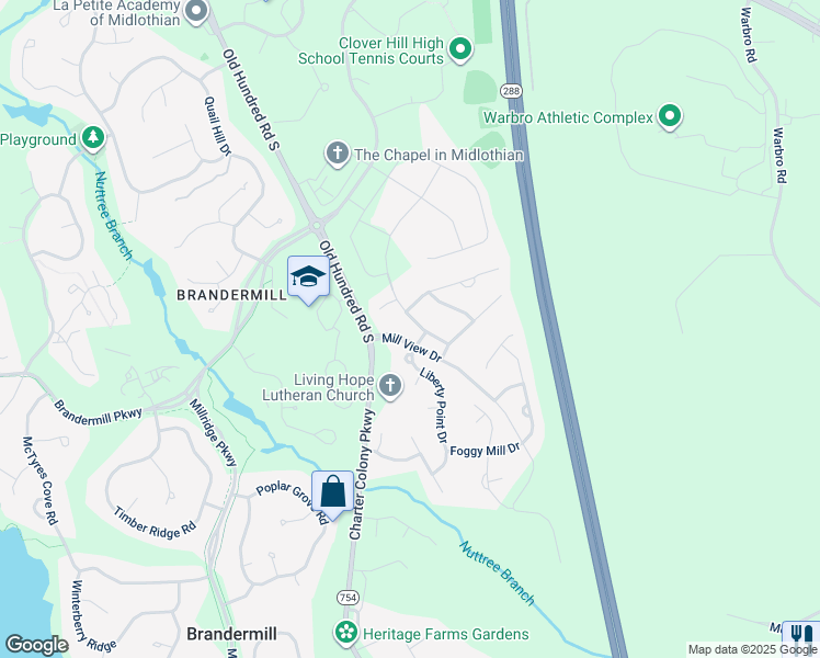 map of restaurants, bars, coffee shops, grocery stores, and more near 3712 Mill Meadow Drive in Midlothian
