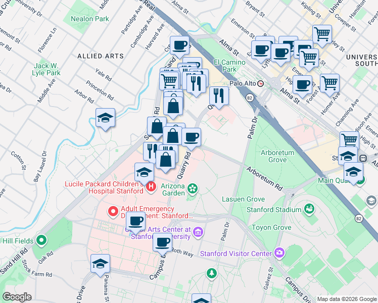map of restaurants, bars, coffee shops, grocery stores, and more near Quarry Road in Santa Clara County