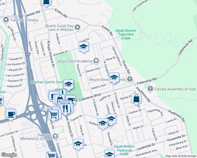 map of restaurants, bars, coffee shops, grocery stores, and more near 1624 Braly Avenue in Milpitas