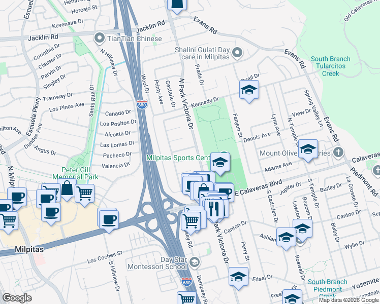 map of restaurants, bars, coffee shops, grocery stores, and more near 211 North Park Victoria Drive in Milpitas