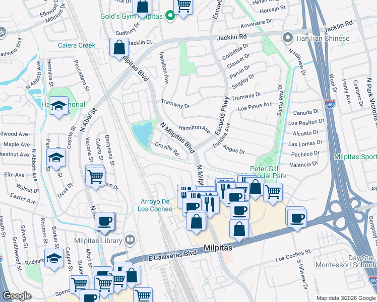 map of restaurants, bars, coffee shops, grocery stores, and more near 476 Folsom Circle in Milpitas