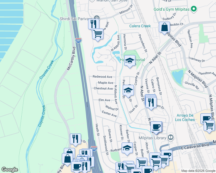 map of restaurants, bars, coffee shops, grocery stores, and more near 510 Chestnut Avenue in Milpitas