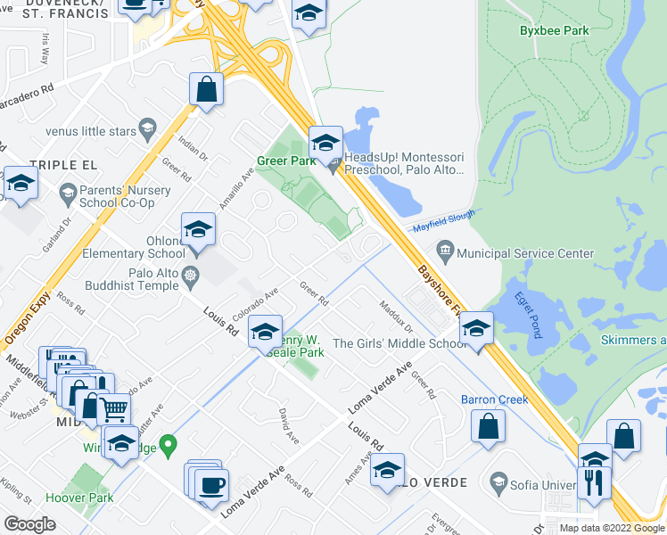 map of restaurants, bars, coffee shops, grocery stores, and more near 1036 Colorado Avenue in Palo Alto