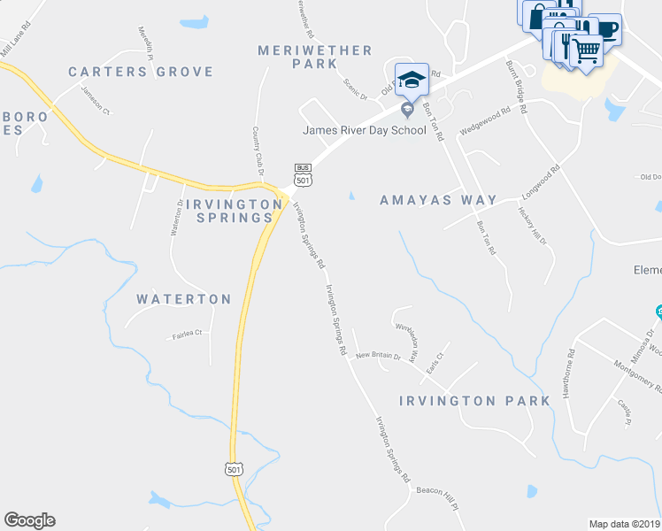 map of restaurants, bars, coffee shops, grocery stores, and more near 137 Irvington Springs Road in Lynchburg