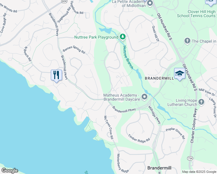 map of restaurants, bars, coffee shops, grocery stores, and more near 3704 Nuttree Woods Drive in Midlothian