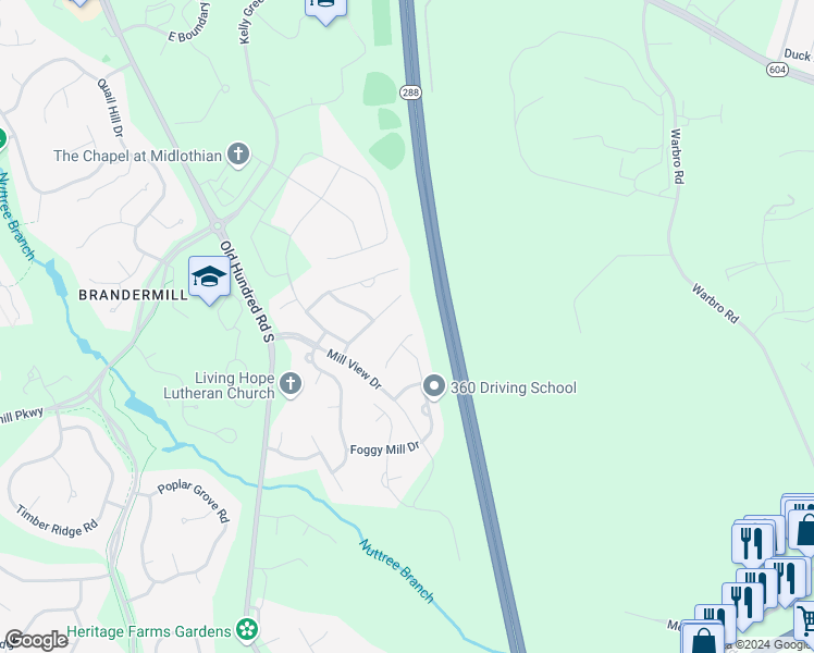 map of restaurants, bars, coffee shops, grocery stores, and more near 12712 Millstep Terrace in Midlothian