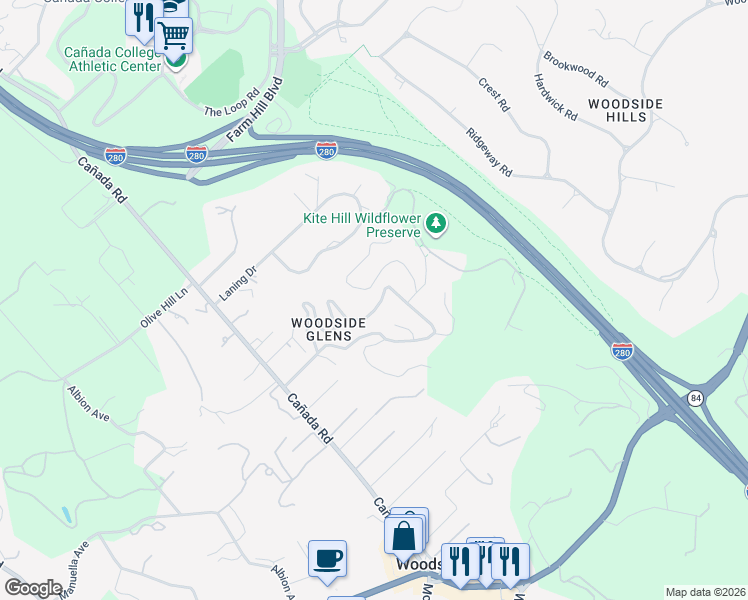 map of restaurants, bars, coffee shops, grocery stores, and more near 235 Hillside Drive in Woodside