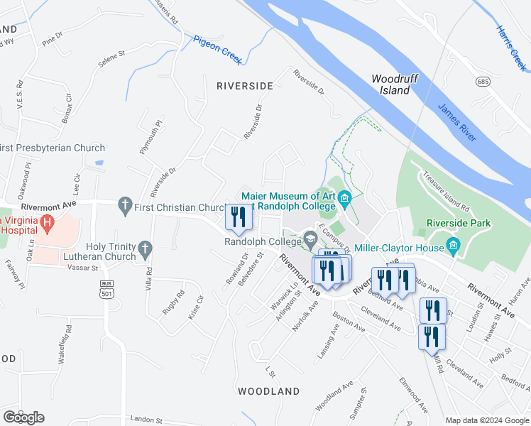 map of restaurants, bars, coffee shops, grocery stores, and more near 21 West Princeton Circle in Lynchburg