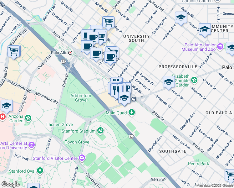 map of restaurants, bars, coffee shops, grocery stores, and more near 855 El Camino Real in Palo Alto