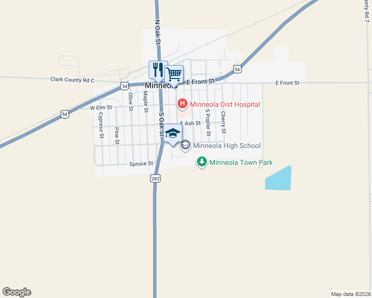 map of restaurants, bars, coffee shops, grocery stores, and more near 111 East Locust Street in Minneola