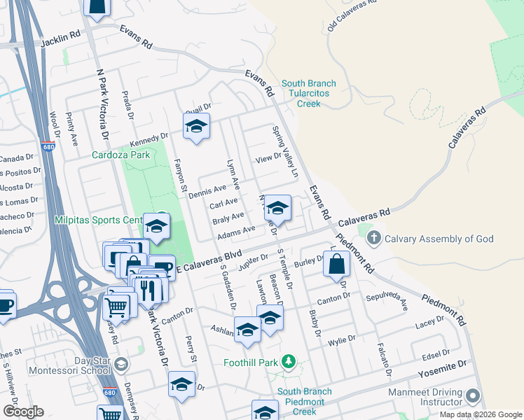 map of restaurants, bars, coffee shops, grocery stores, and more near 133 North Temple Drive in Milpitas