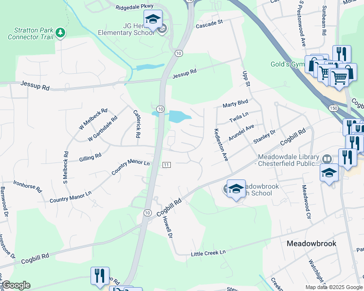 map of restaurants, bars, coffee shops, grocery stores, and more near 4921 Breckstone Place in Richmond