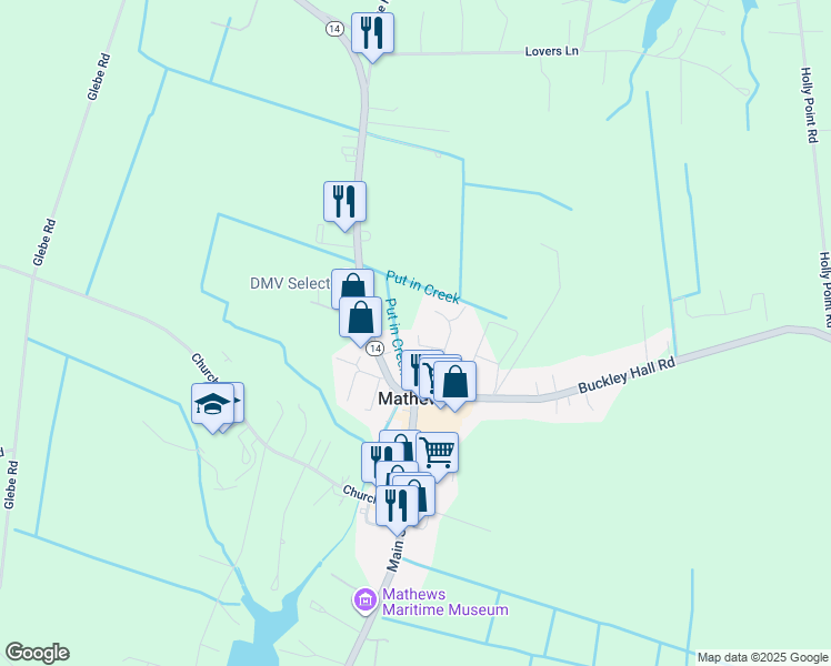 map of restaurants, bars, coffee shops, grocery stores, and more near 62 Double Cross Court in Mathews