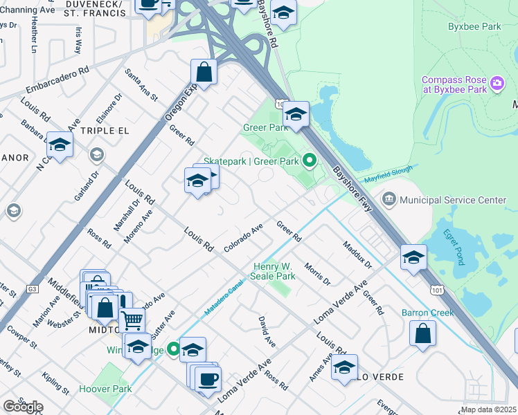 map of restaurants, bars, coffee shops, grocery stores, and more near Greer Road & Lawrence Lane in Palo Alto