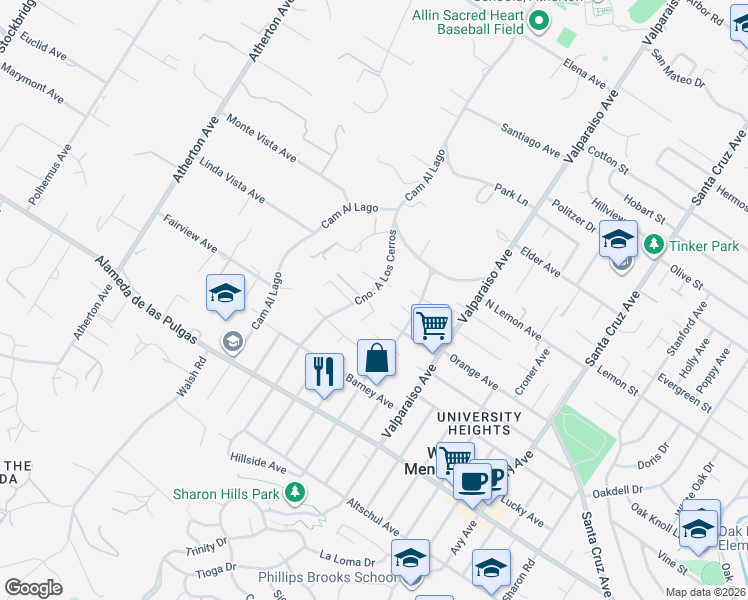 map of restaurants, bars, coffee shops, grocery stores, and more near 7 Montana Lane in Menlo Park
