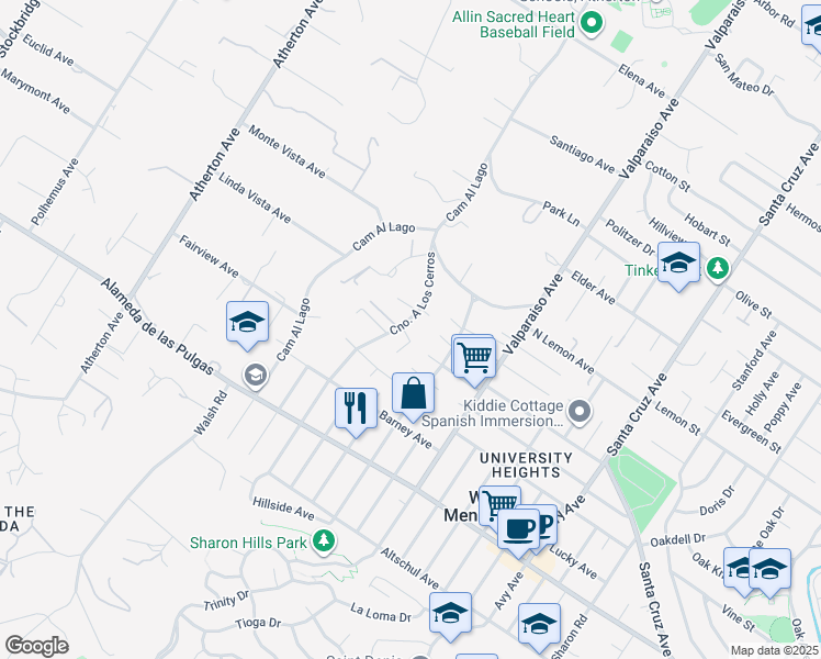 map of restaurants, bars, coffee shops, grocery stores, and more near 7 Montana Lane in Menlo Park