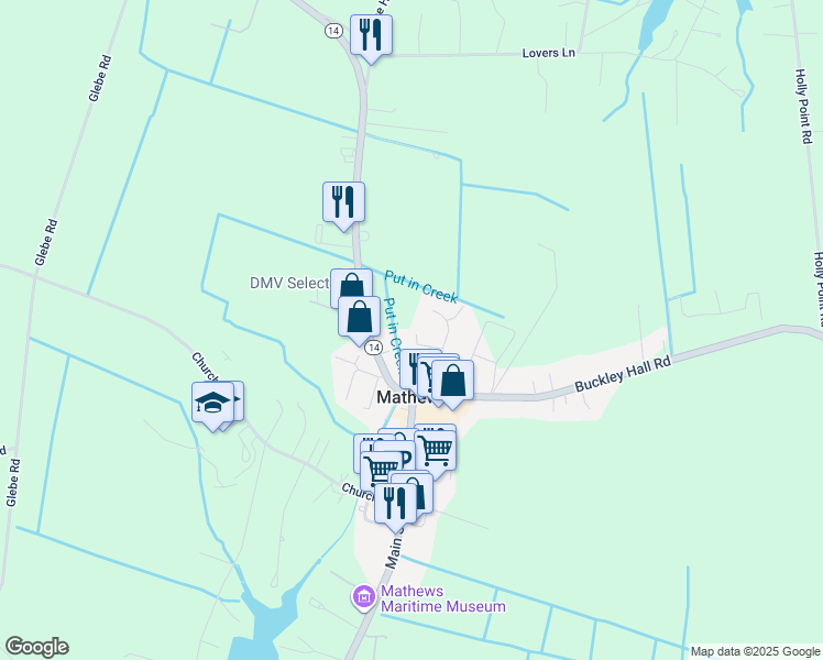 map of restaurants, bars, coffee shops, grocery stores, and more near 62 Double Cross Court in Mathews