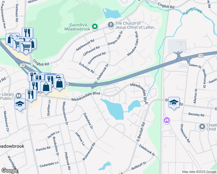 map of restaurants, bars, coffee shops, grocery stores, and more near 3620 Luckylee Crescent in Richmond
