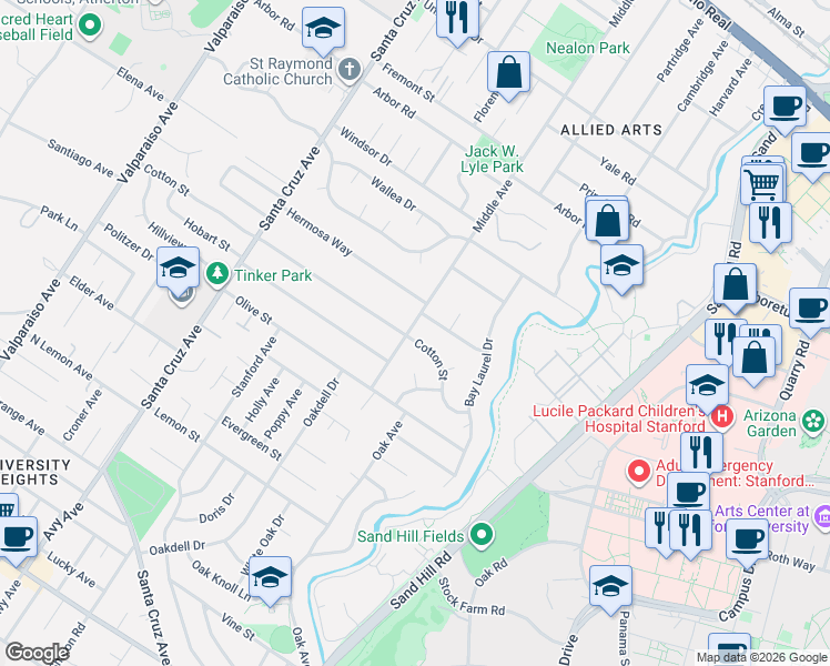 map of restaurants, bars, coffee shops, grocery stores, and more near 1399 Middle Avenue in Menlo Park
