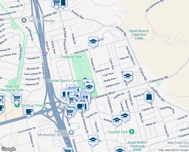 map of restaurants, bars, coffee shops, grocery stores, and more near 142 Fanyon Street in Milpitas