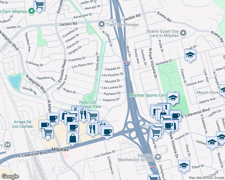 map of restaurants, bars, coffee shops, grocery stores, and more near 895 Valencia Drive in Milpitas