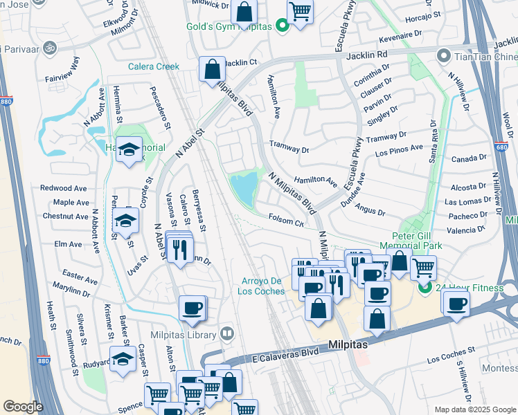 map of restaurants, bars, coffee shops, grocery stores, and more near 747 Folsom Circle in Milpitas