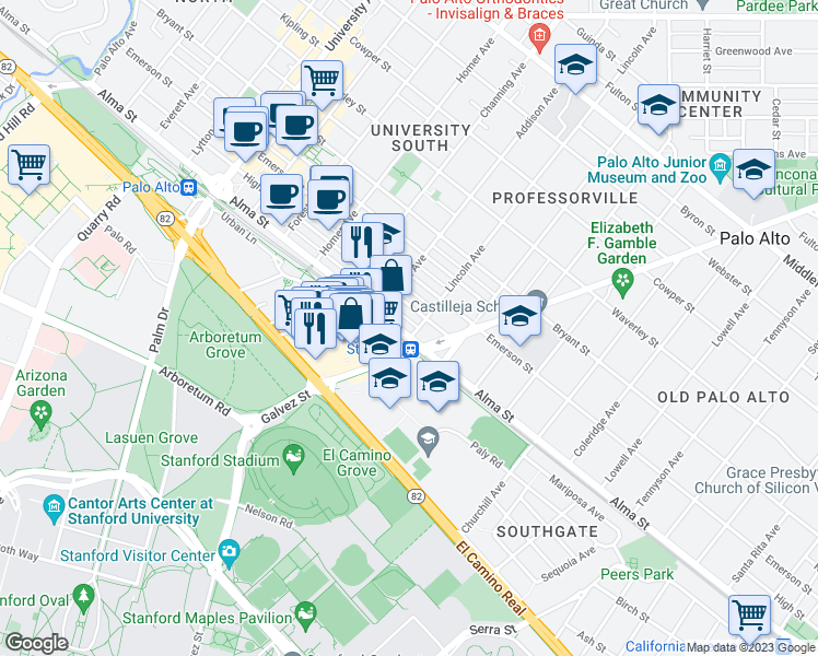 map of restaurants, bars, coffee shops, grocery stores, and more near 855 El Camino Real in Palo Alto