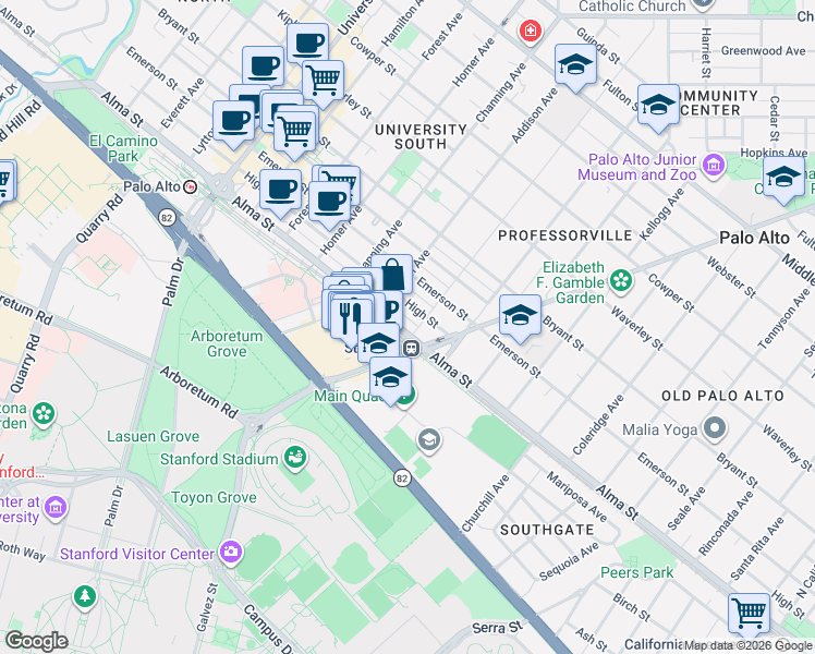 map of restaurants, bars, coffee shops, grocery stores, and more near 855 El Camino Real in Palo Alto