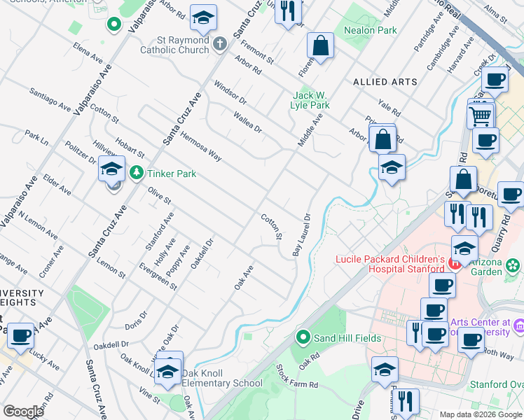 map of restaurants, bars, coffee shops, grocery stores, and more near 1399 Middle Avenue in Menlo Park