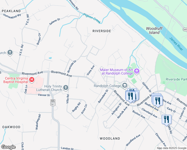 map of restaurants, bars, coffee shops, grocery stores, and more near 2940 Rivermont Avenue in Lynchburg