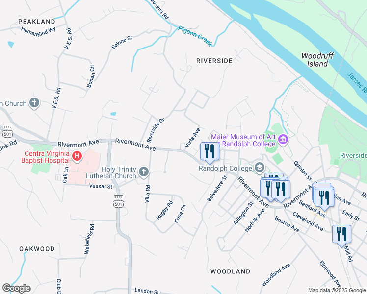 map of restaurants, bars, coffee shops, grocery stores, and more near in Lynchburg